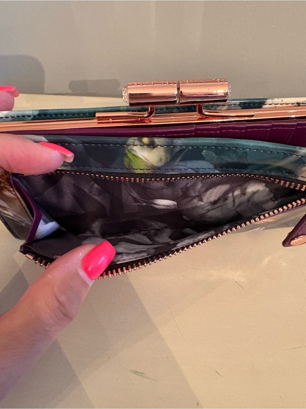 Ted Baker Floral Patent Clutch with Rose Gold Frame - Multicolor Floral - Picture 4 of 6